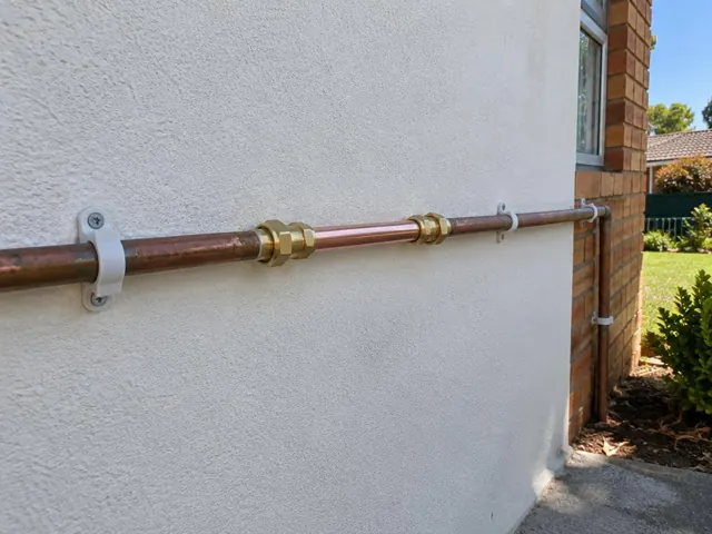 Exterior wall with a repaired copper water pipe run beside a brick corner in North Rocks