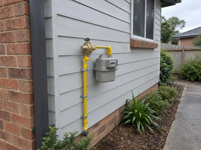 Exterior gas meter with yellow pipework on a weatherboard wall beside a window in Bella Vista